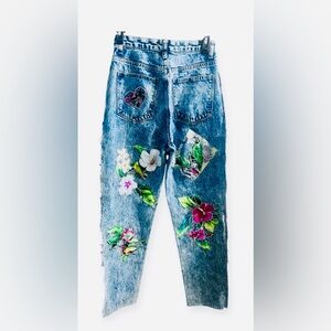PrettyLittleThing Upcycled Patchwork Tropical Floral Bird Jeans Size 2 - raw hem